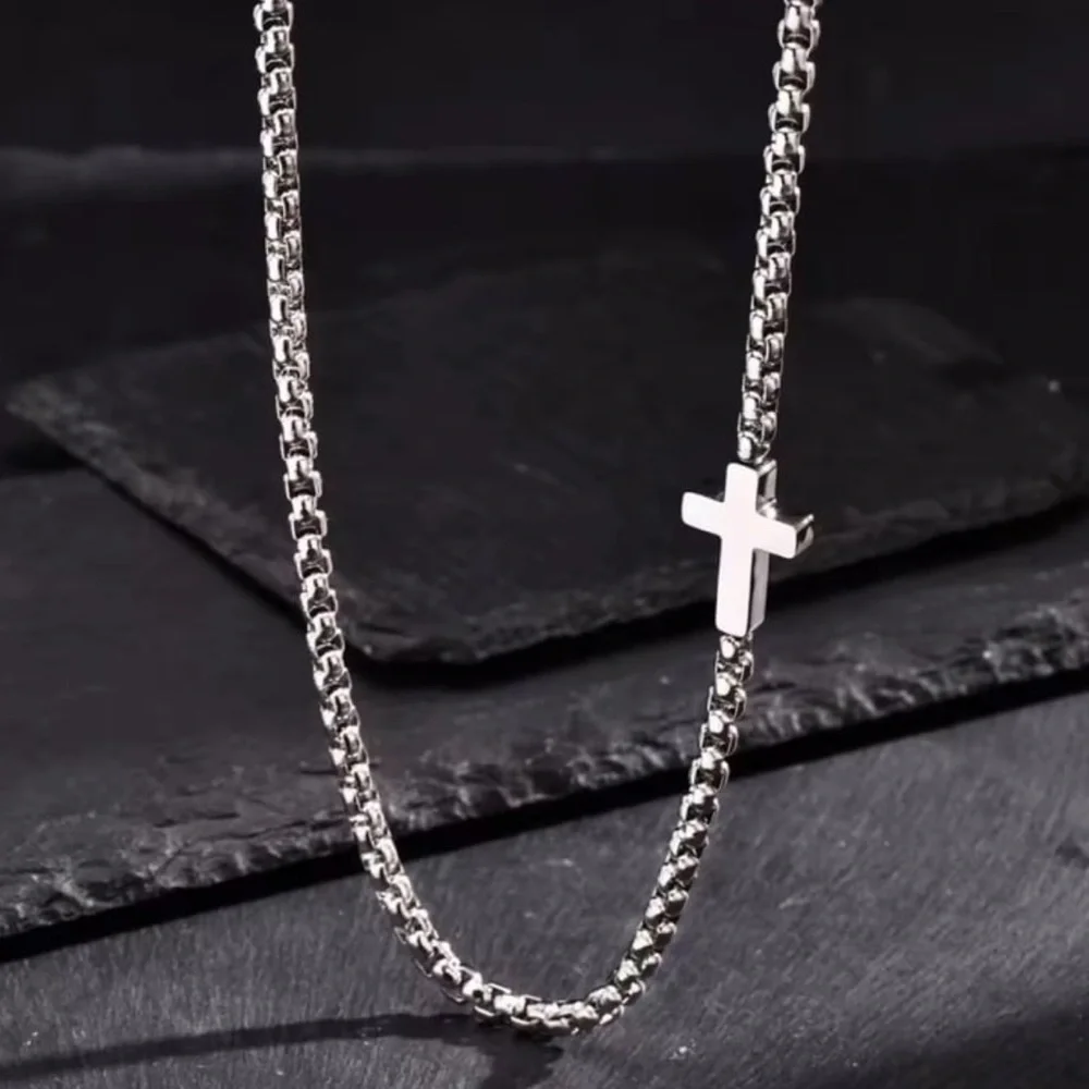 Men’s silver stainless steel sideways cross box chain necklace